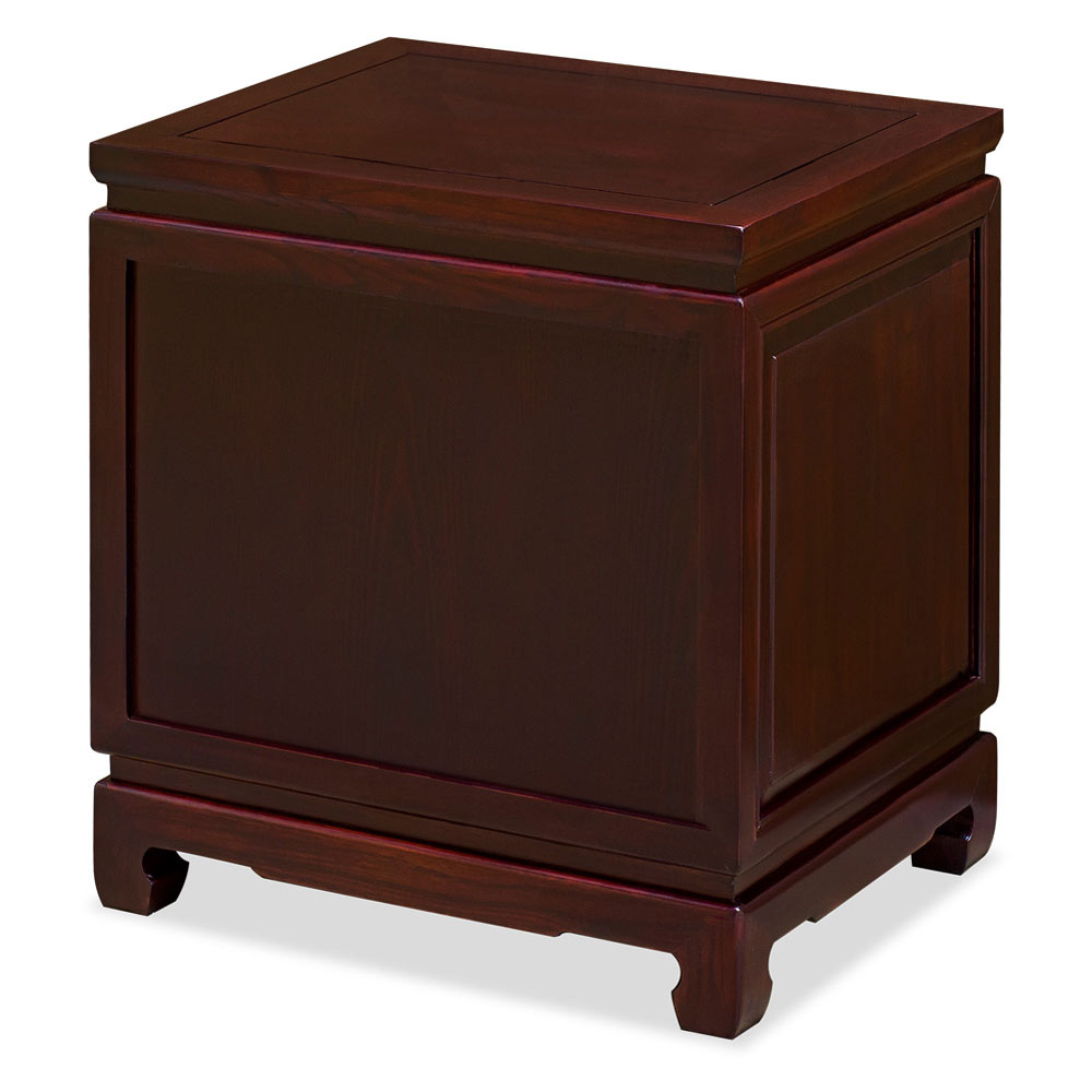 Dark Cherry Elmwood Flower and Birds Oriental Nightstand with 3 Drawers