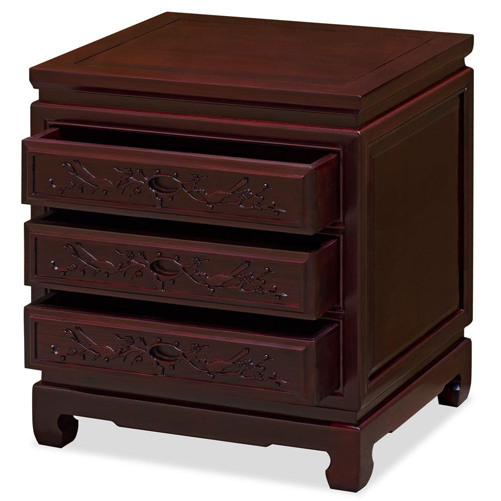 Dark Cherry Elmwood Flower and Birds Oriental Nightstand with 3 Drawers