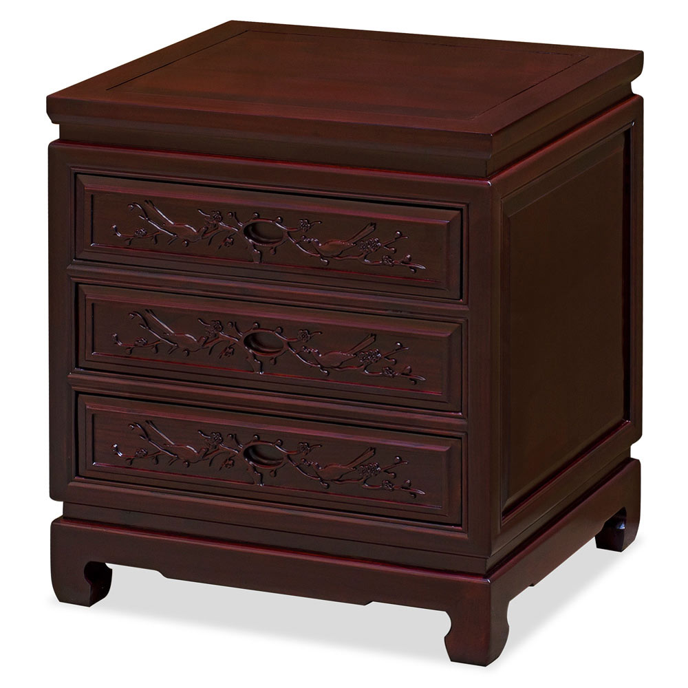 Dark Cherry Elmwood Flower and Birds Oriental Nightstand with 3 Drawers