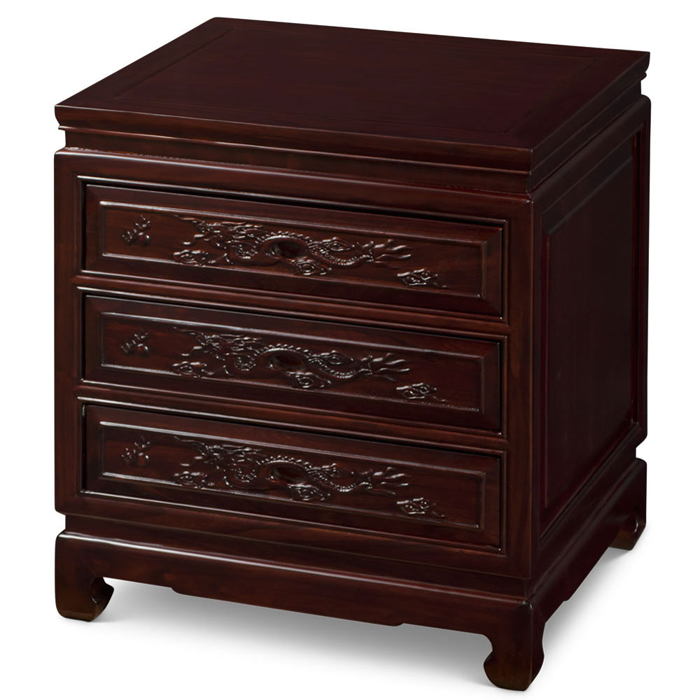 Dark Cherry Elmwood Dragon Motif Oriental Nightstand with 3 Drawers