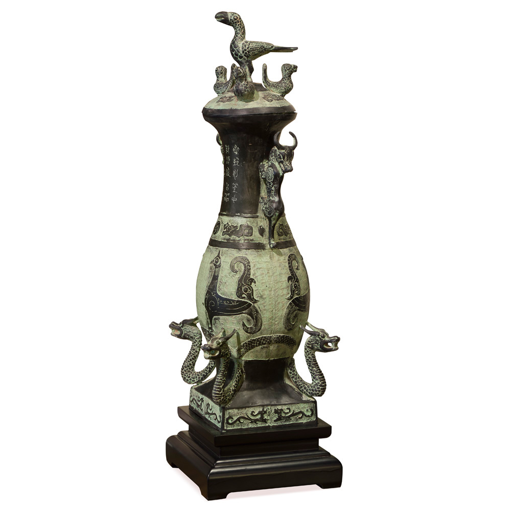 Bronze Patina Oriental Dragon Vase with Stand