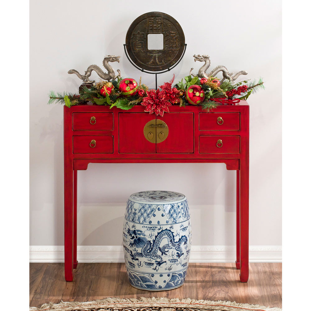 Distressed Red Petite Elmwood Chinese Mandarin Console