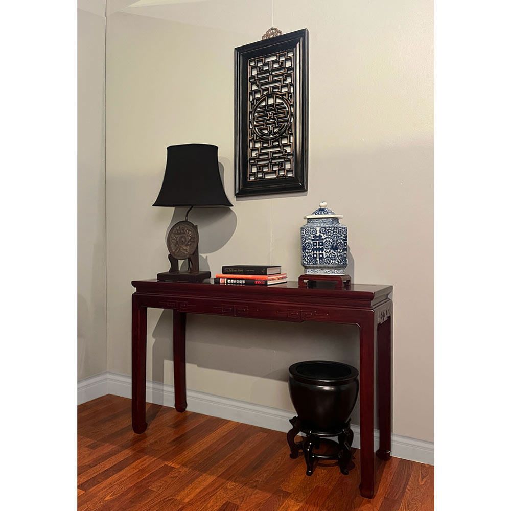 48in Dark Cherry Elmwood Chinese Key Motif Asian Console Table