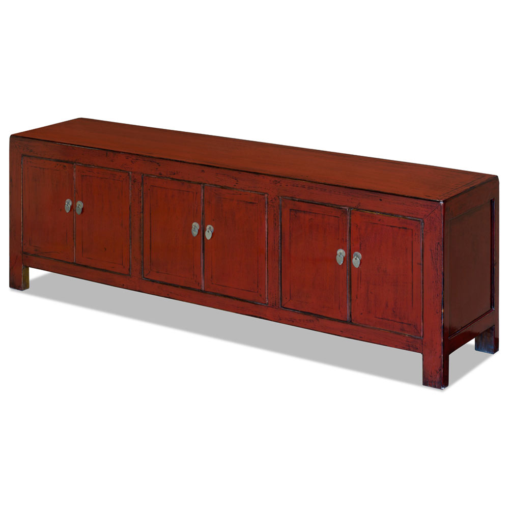 Distressed Red Elmwood Kang Asian Media Cabinet