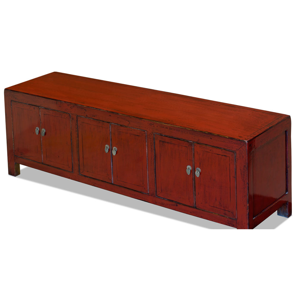 Distressed Red Elmwood Kang Asian Media Cabinet