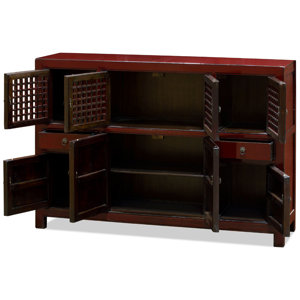 Distressed Dark Red Elmwood Chinese Mandarin Cabinet
