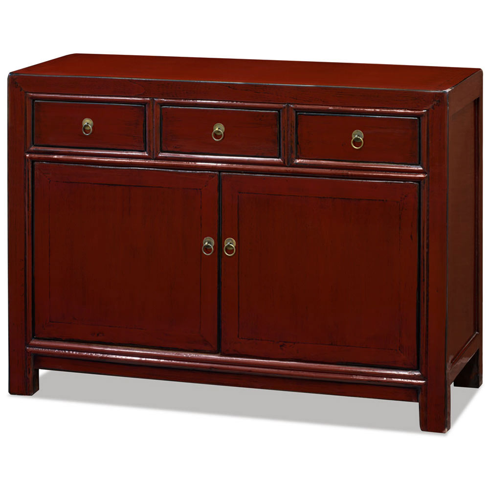 Elmwood Distressed Dark Red Chinese Ming Sideboard