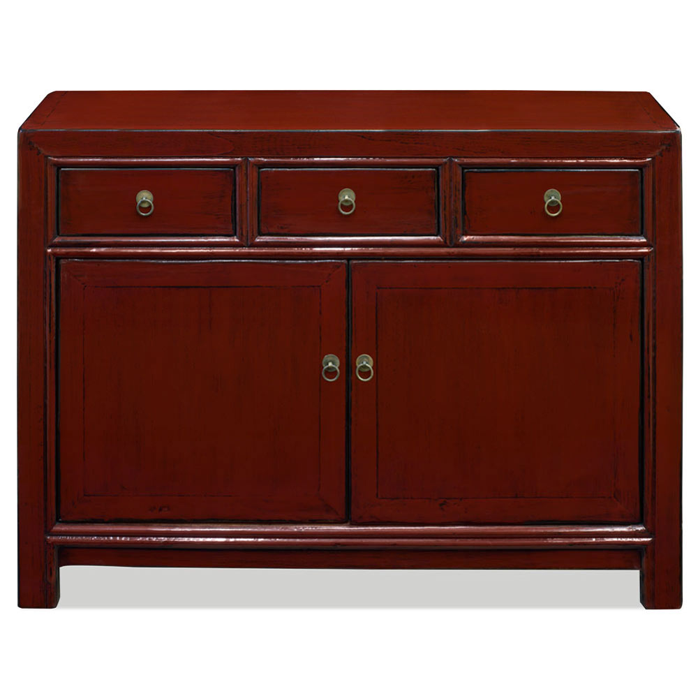 Elmwood Distressed Dark Red Chinese Ming Sideboard