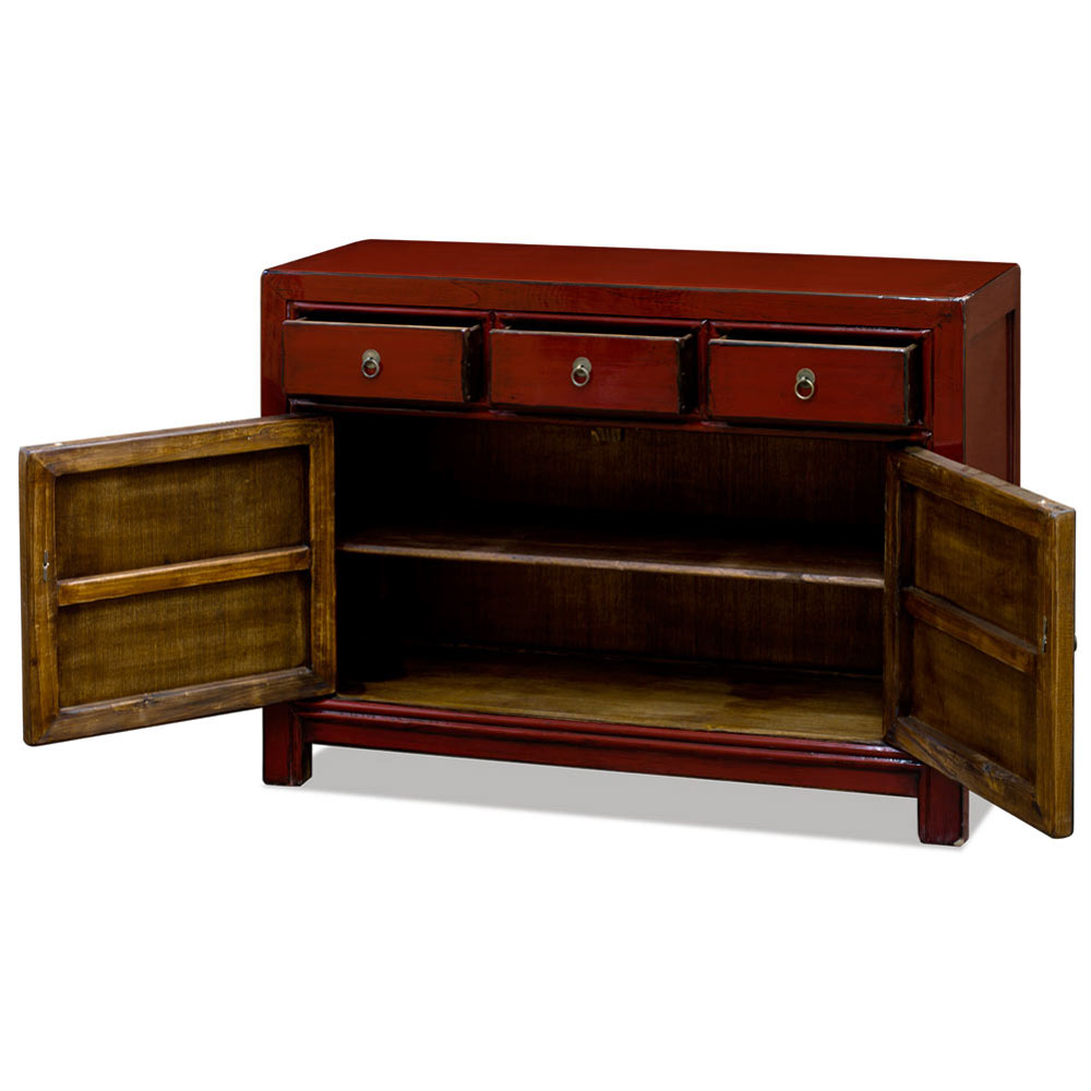 Elmwood Distressed Dark Red Chinese Ming Sideboard