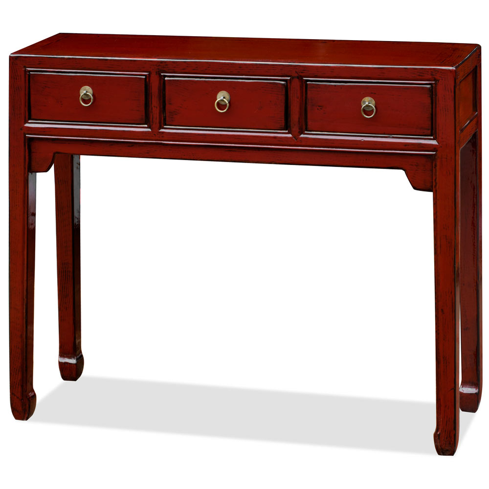 Dark Red Elmwood Chinese Peking Console Table with 3 Drawers
