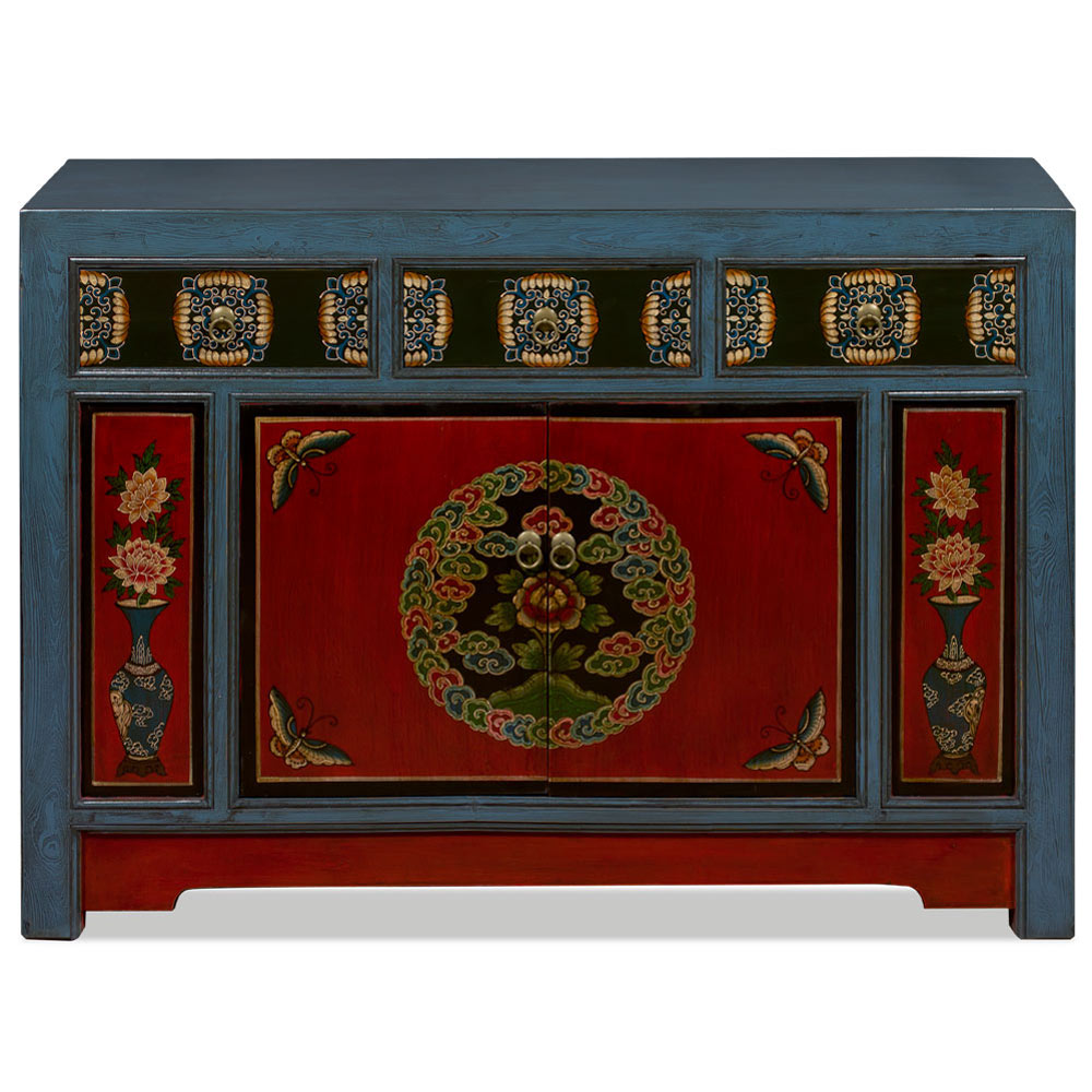 Elmwood Peony and Butterfly Motif Tibetan Cabinet