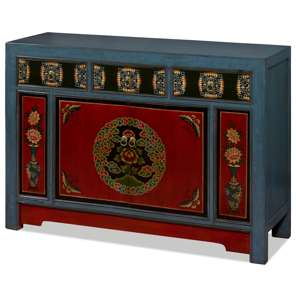 Elmwood Peony and Butterfly Motif Tibetan Cabinet