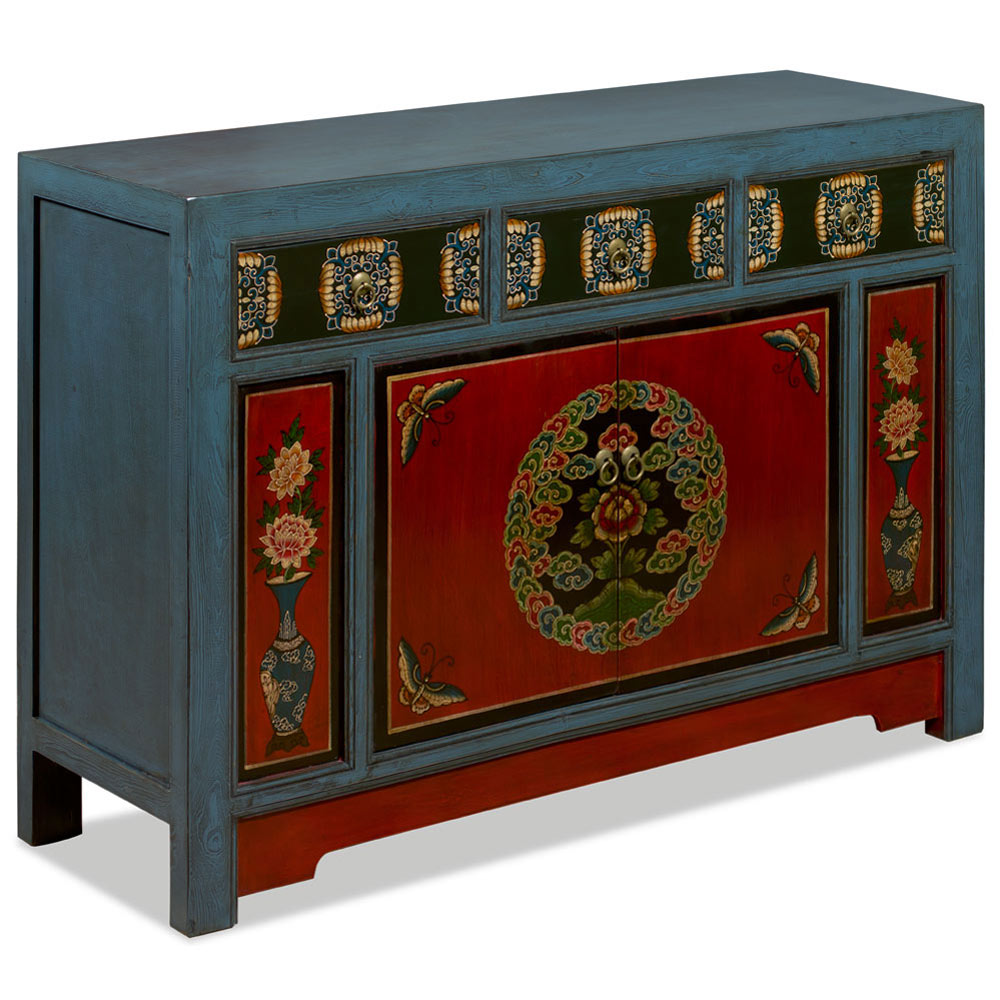 Elmwood Peony and Butterfly Motif Tibetan Cabinet