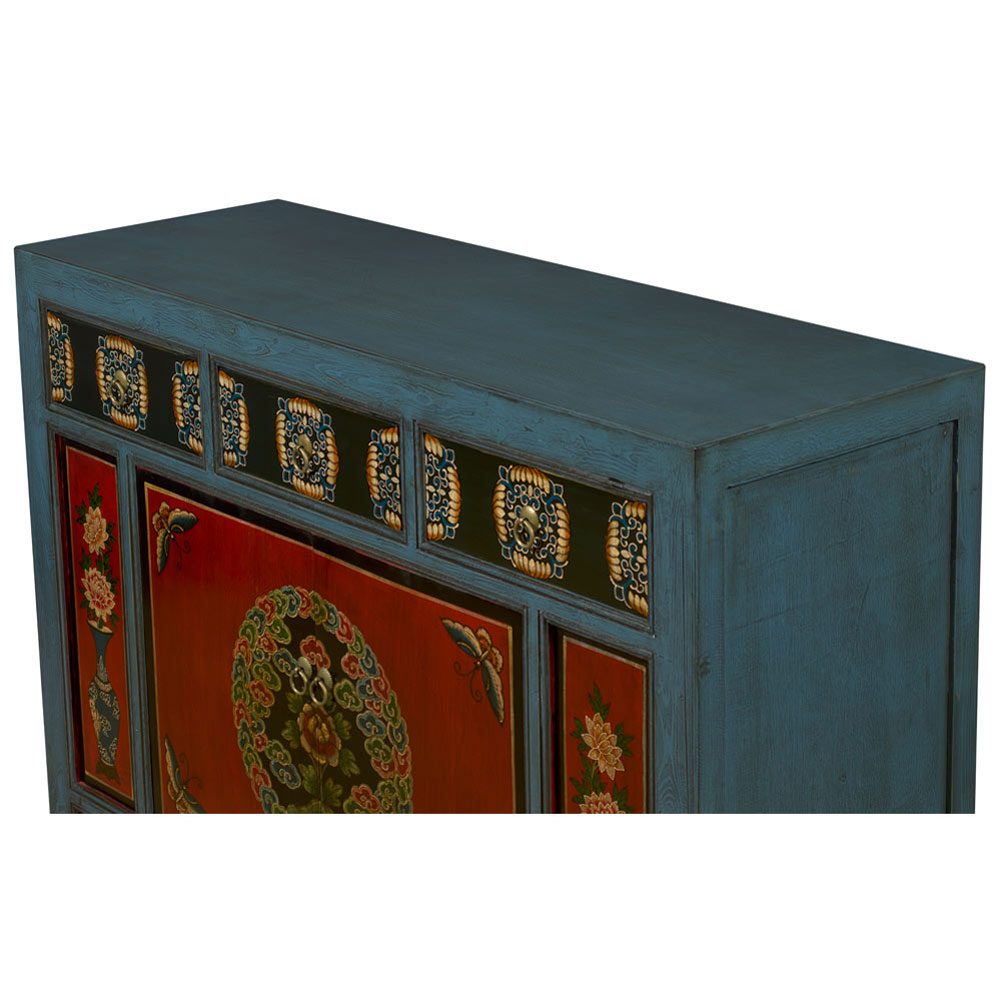 Elmwood Peony and Butterfly Motif Tibetan Cabinet