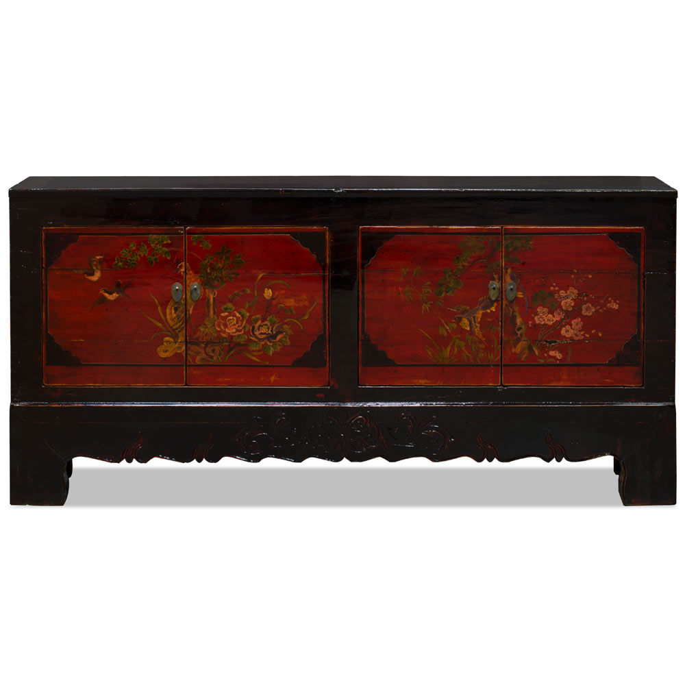 Hand Painted Distressed Vintage Red Bird and Flower Elmwood Chinese Gan Su Cabinet