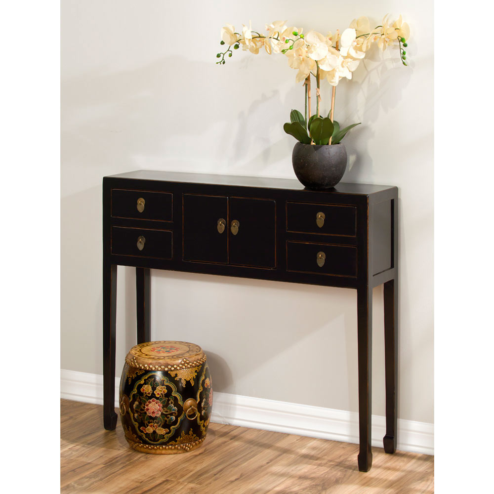 Distressed Black Petite Elmwood Chinese Console Cabinet