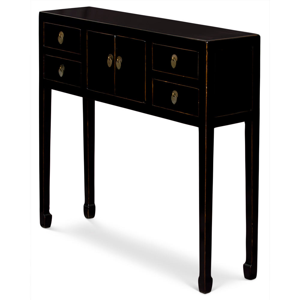 Distressed Black Petite Elmwood Chinese Console Cabinet