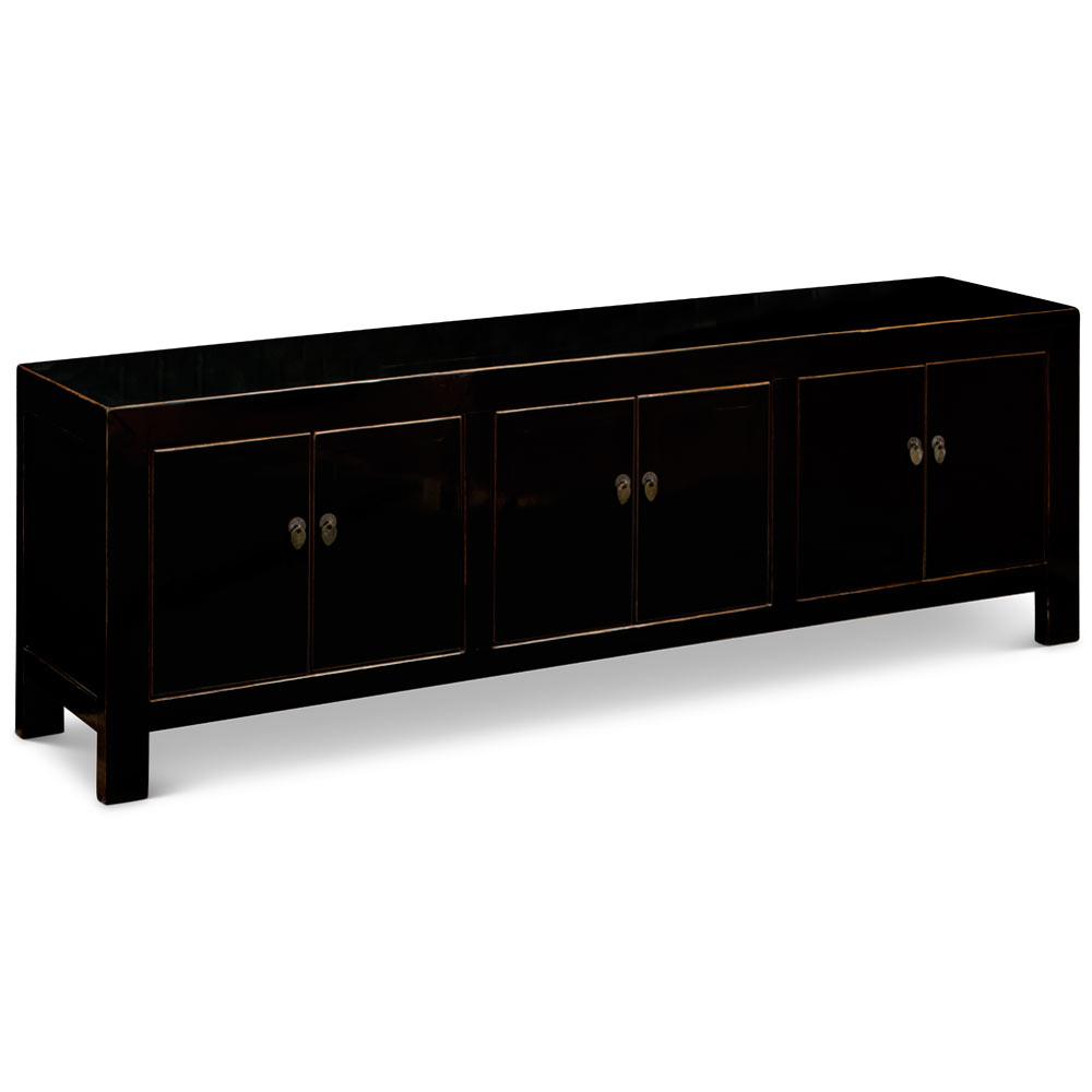 Distressed Black Elmwood Low Kang Style Chinese Media Cabinet with 6 Doors