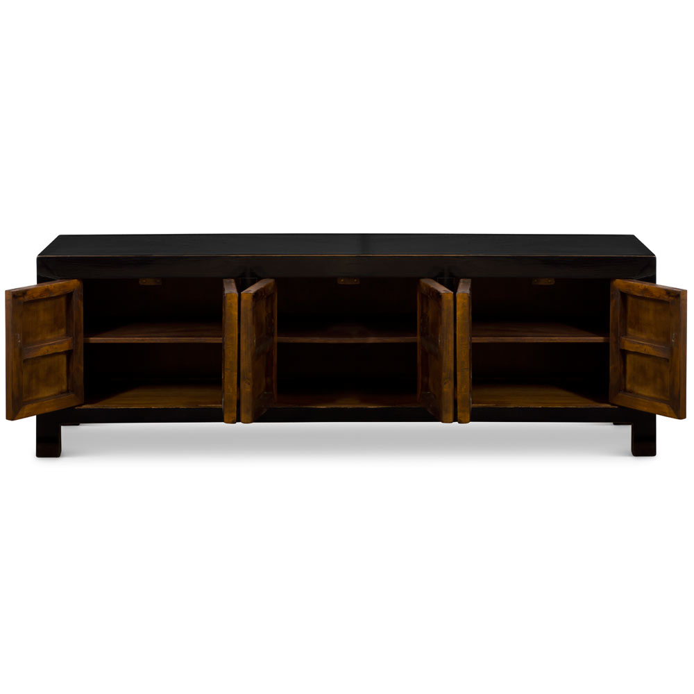 Distressed Black Elmwood Low Kang Style Chinese Media Cabinet with 6 Doors