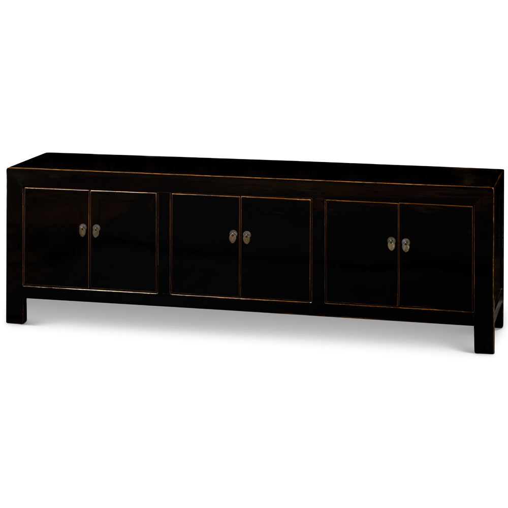 Distressed Black Elmwood Low Kang Style Chinese Media Cabinet with 6 Doors