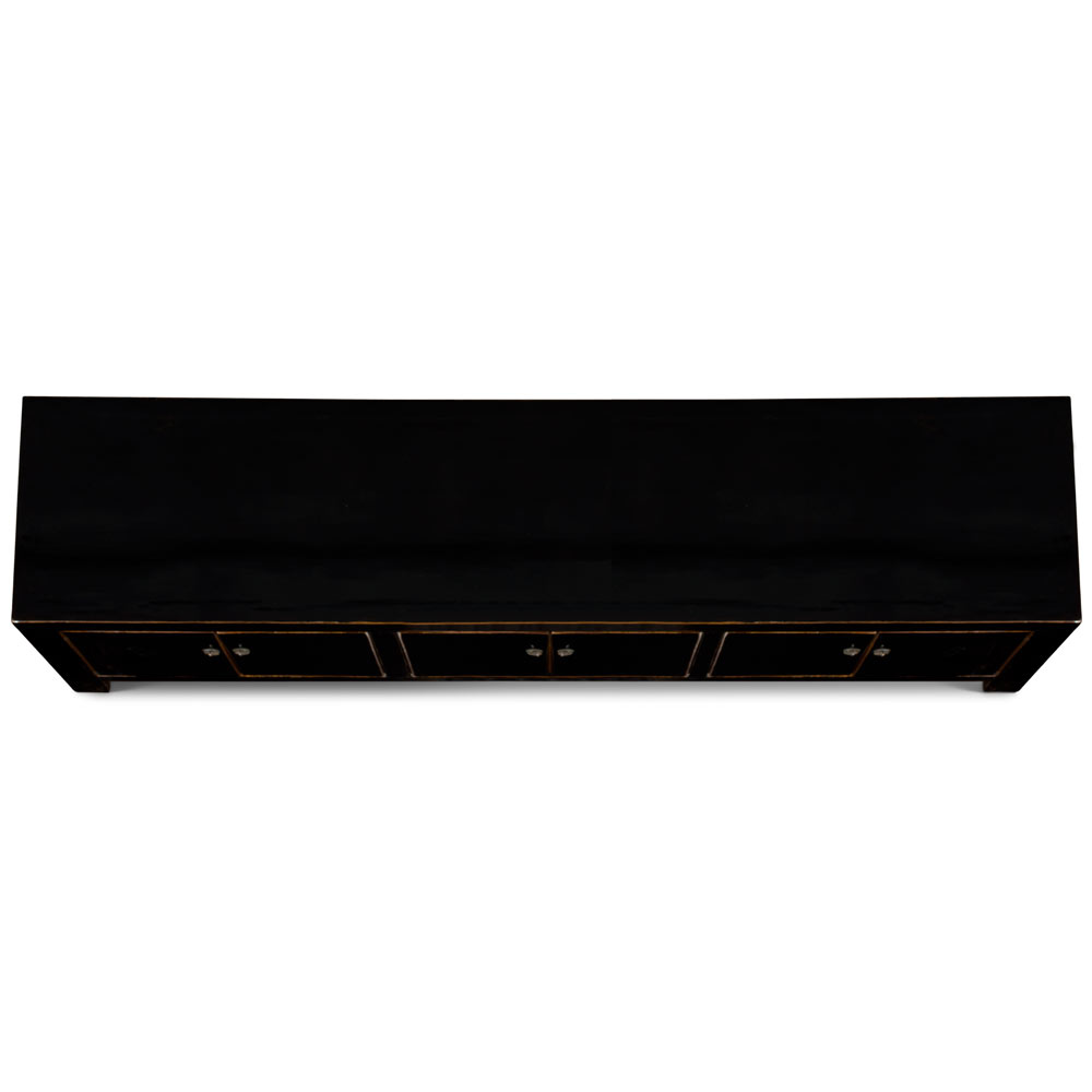 Distressed Black Elmwood Low Kang Style Chinese Media Cabinet with 6 Doors