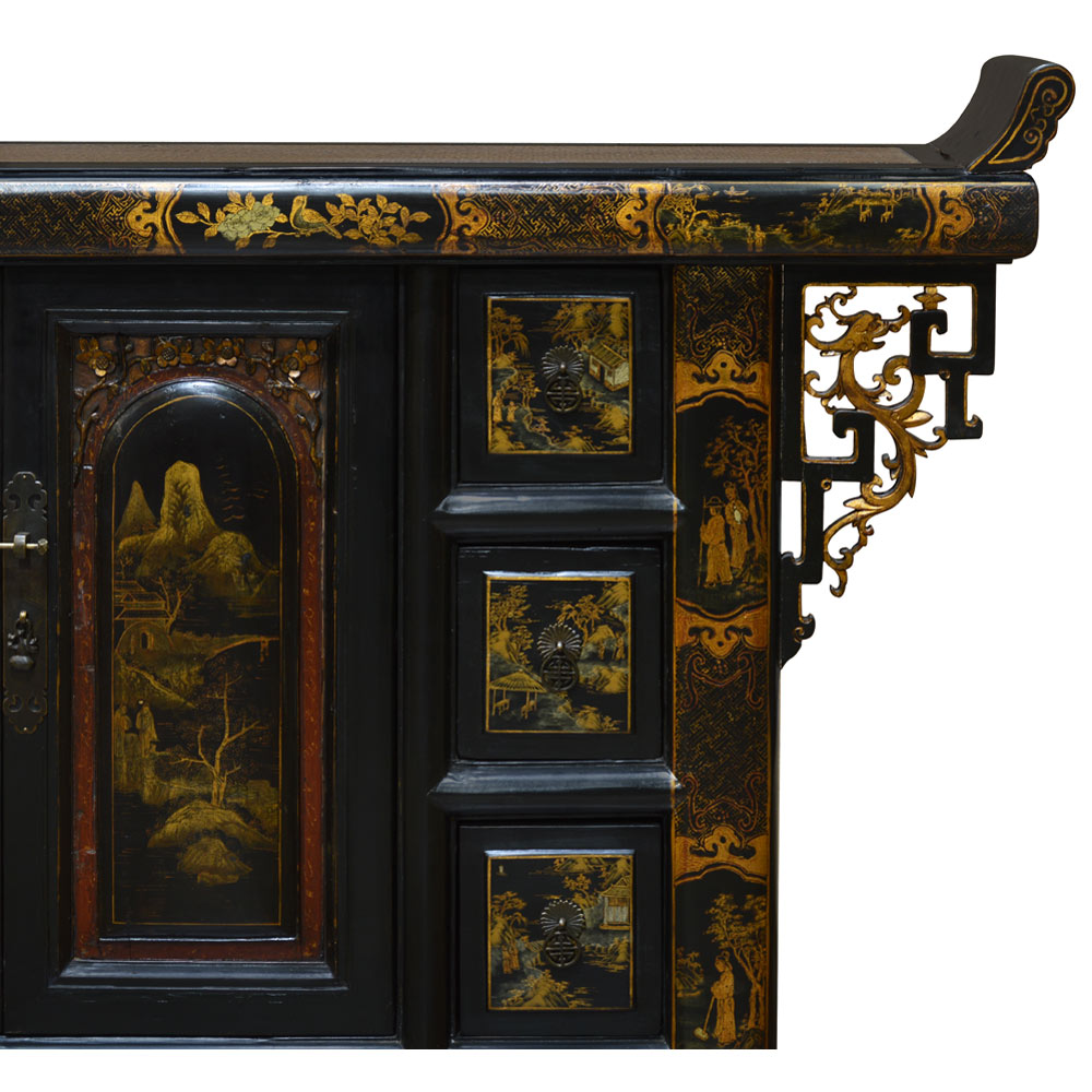 Hand Painted Elmwood Court Yard Chinoiserie Peking Altar Cabinet