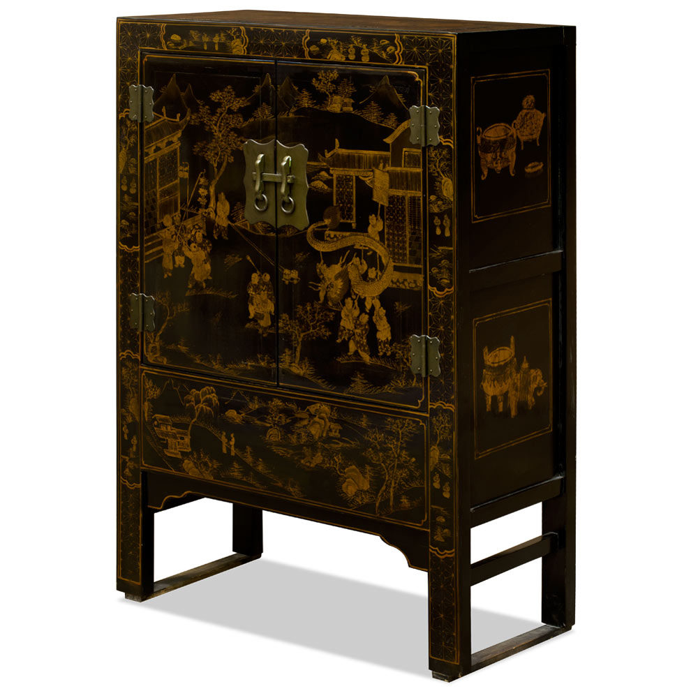 Vintage Black Chinoiserie Mid-Autumn Festival Scenery Chinese Armoire