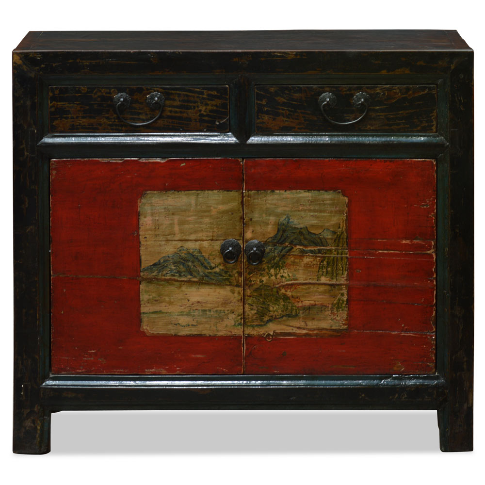 Vintage Elmwood Distressed Red Landscape Motif Mongolian Cabinet