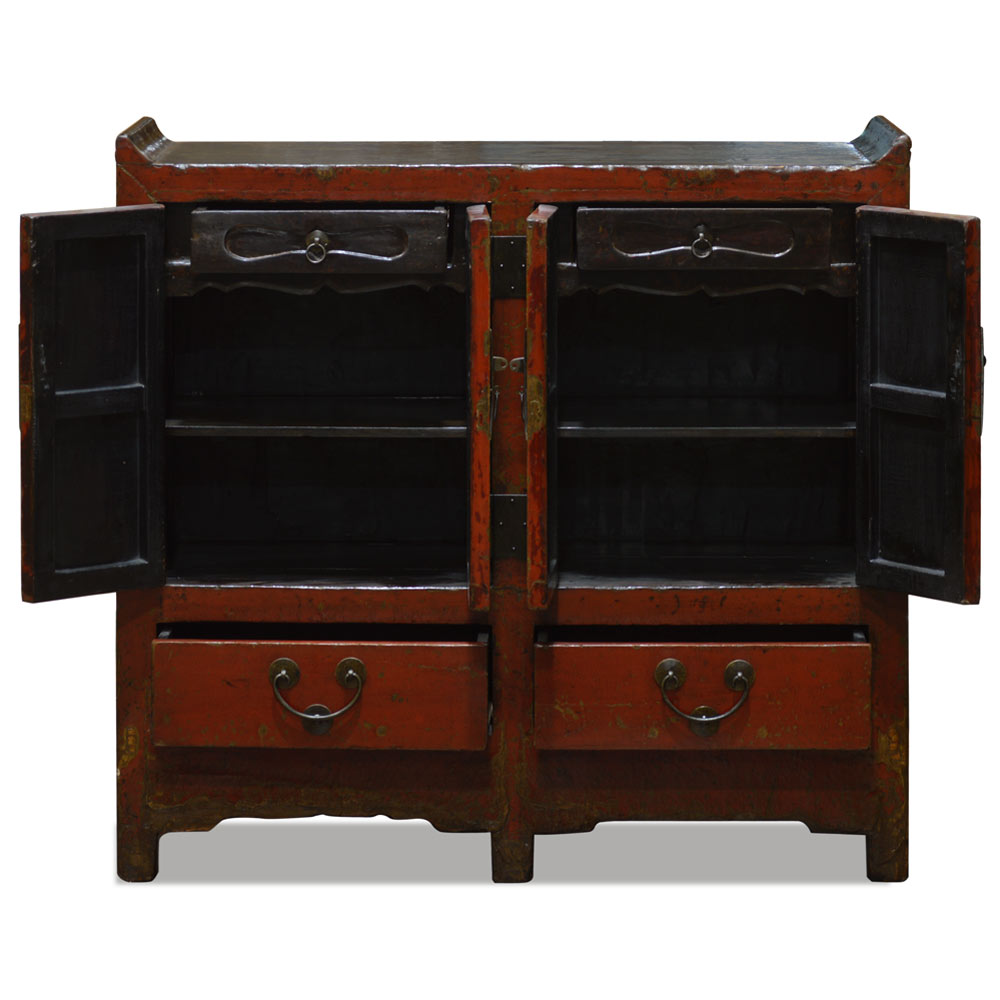 Vintage Elmwood Distressed Vermillion Red Altar Style Oriental Cabinet