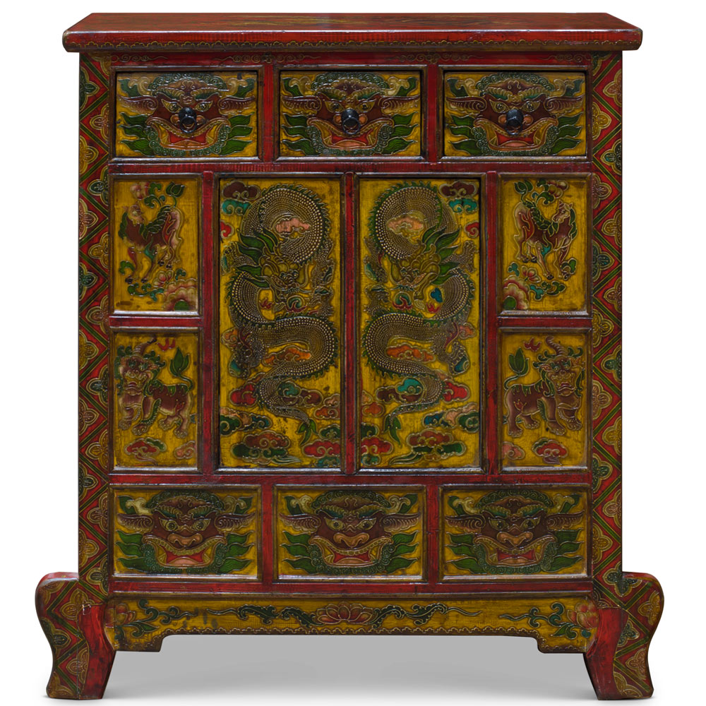 Vintage Hand Painted Distressed Yellow and Red Tibetan Cabinet