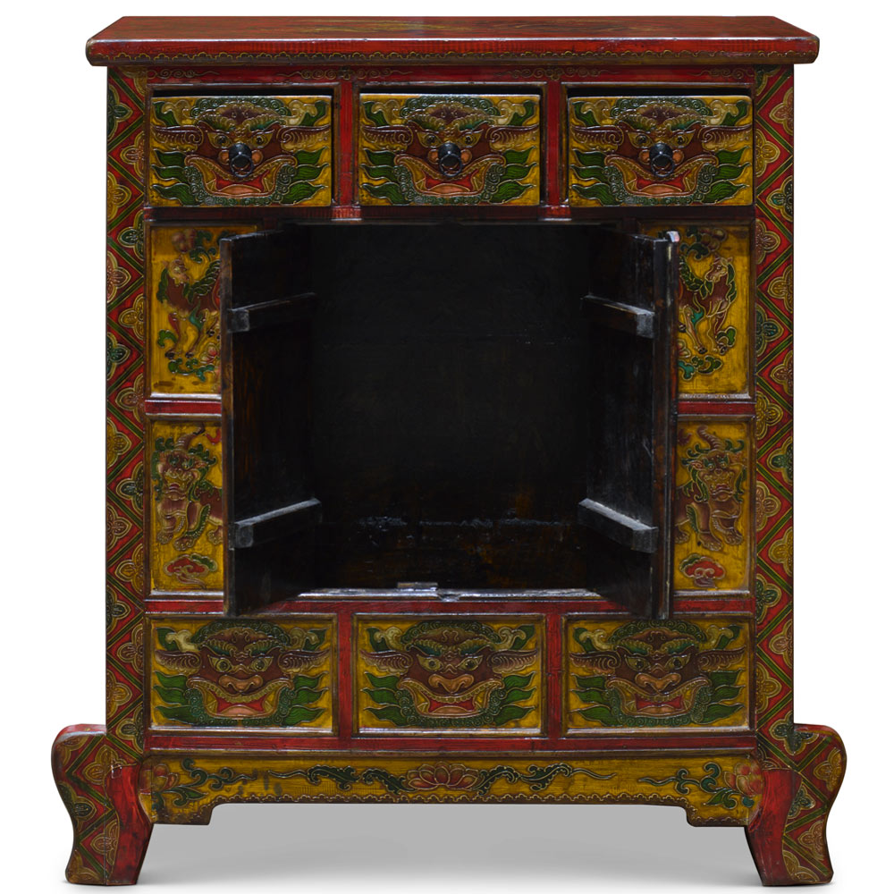 Vintage Hand Painted Distressed Yellow and Red Tibetan Cabinet