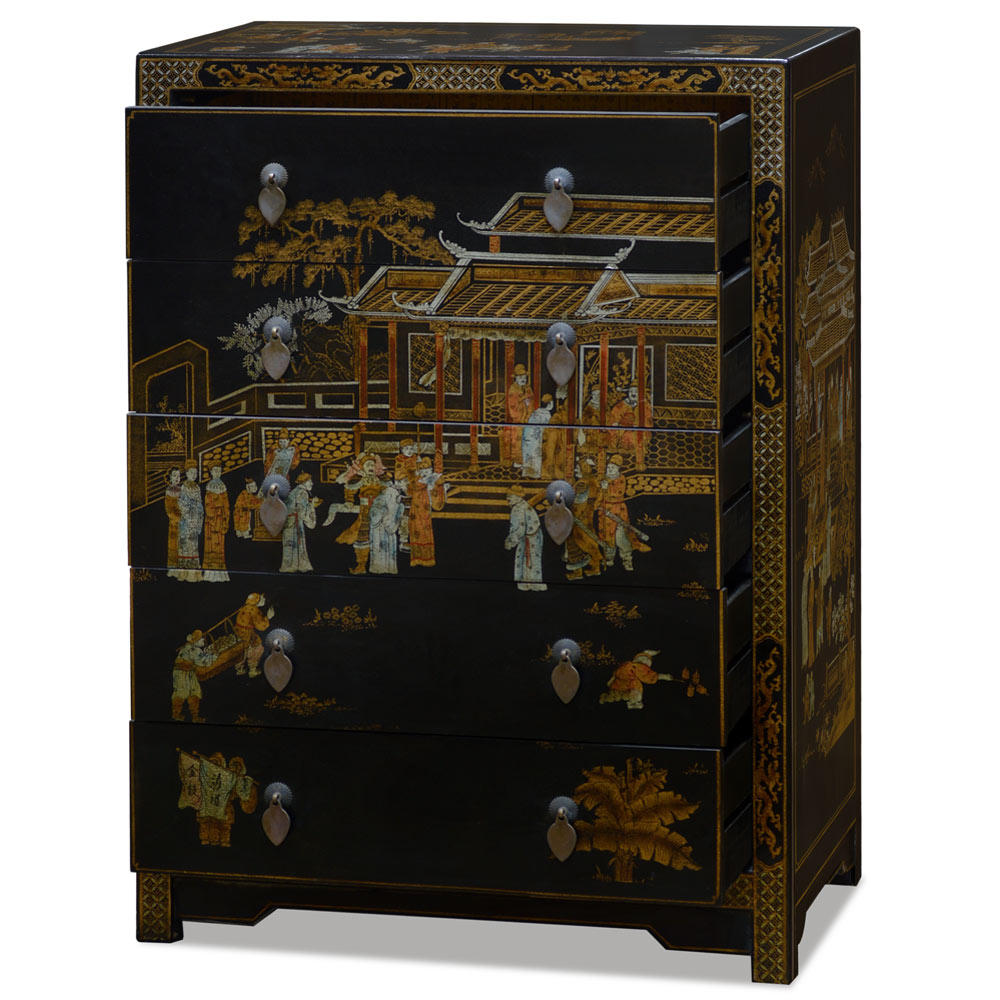 Vintage Elmwood Chinoiserie Scenery Design Chinese Chest of Drawers