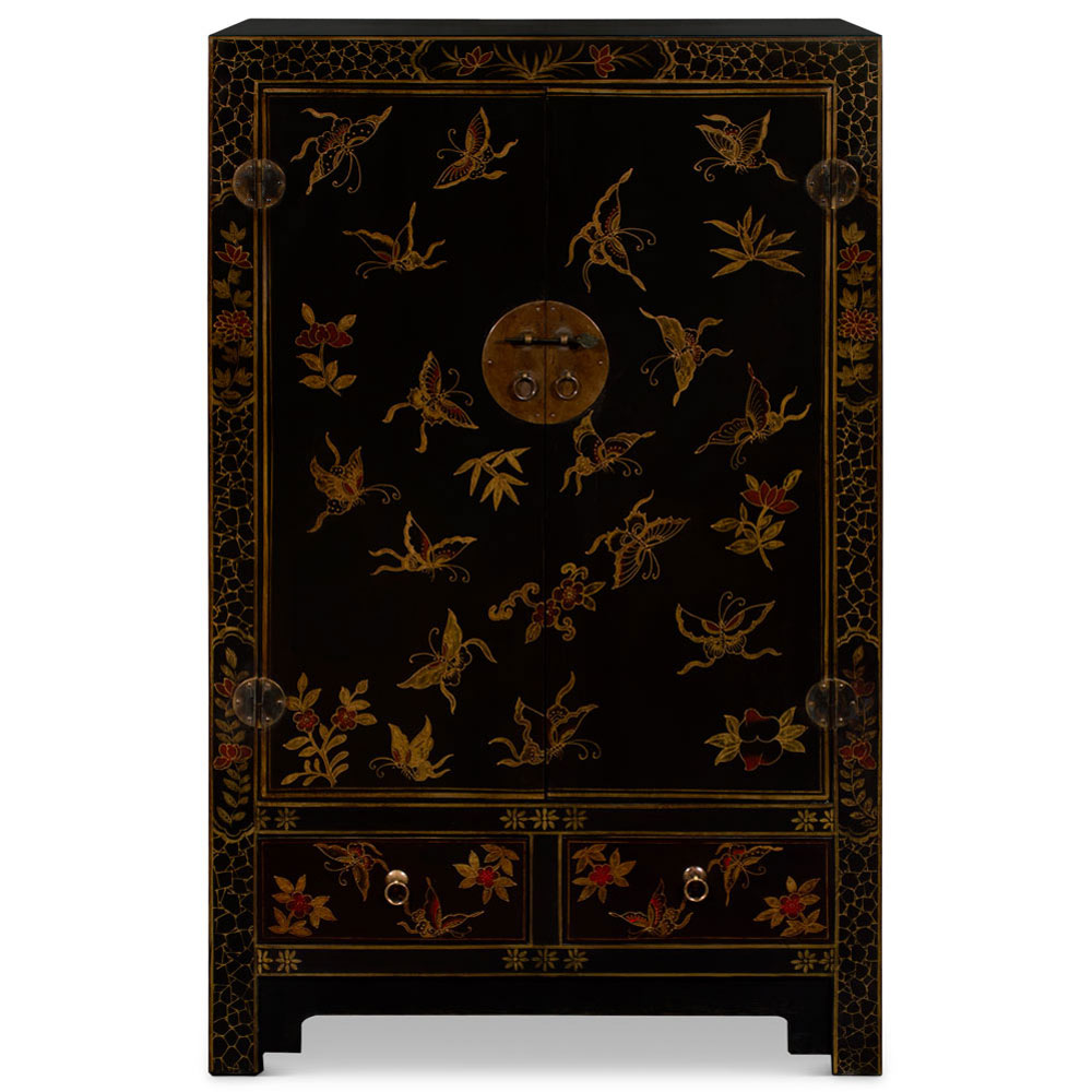 Vintage Distressed Black Oriental Elmwood Cabinet with Butterfly Motif