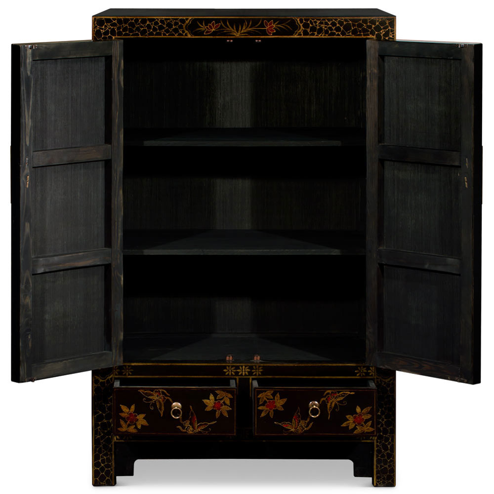 Vintage Distressed Black Oriental Elmwood Cabinet with Butterfly Motif