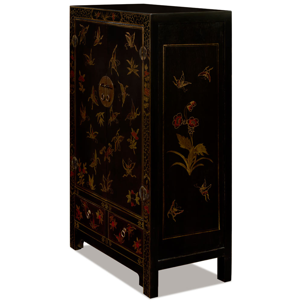 Vintage Distressed Black Oriental Elmwood Cabinet with Butterfly Motif