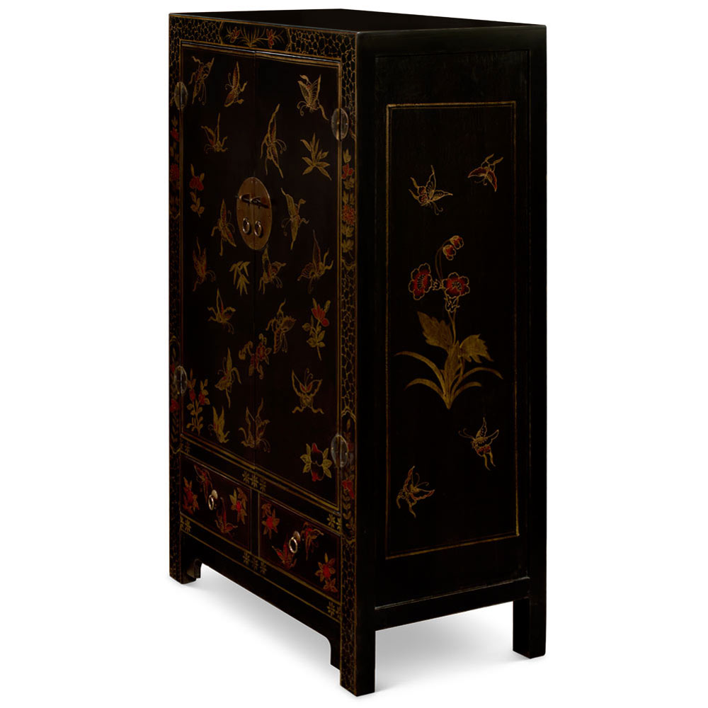 Vintage Distressed Black Oriental Elmwood Cabinet with Butterfly Motif