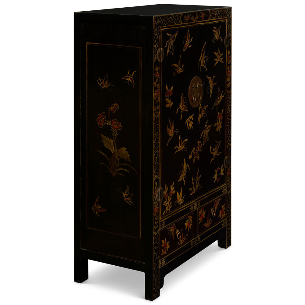 Vintage Distressed Black Oriental Elmwood Cabinet with Butterfly Motif