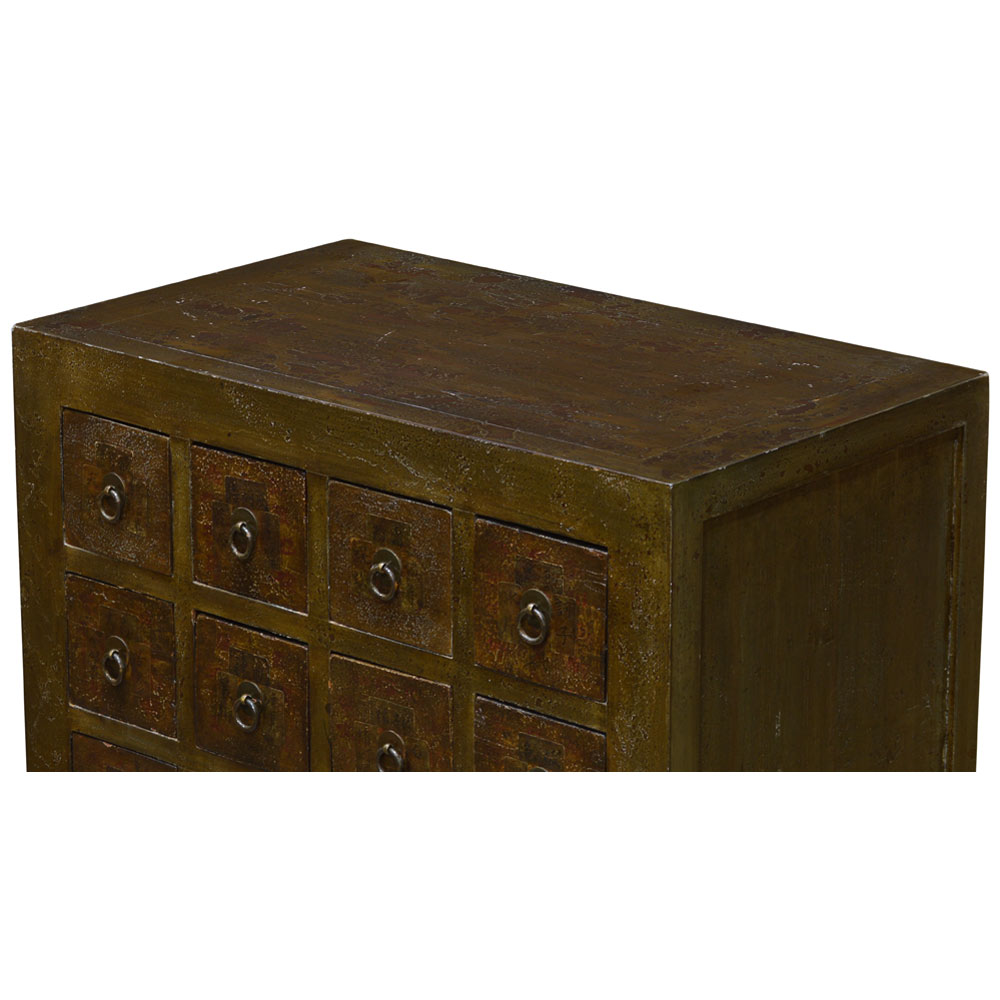 Vintage Elmwood Apothecary Chest with Chinese Calligraphy