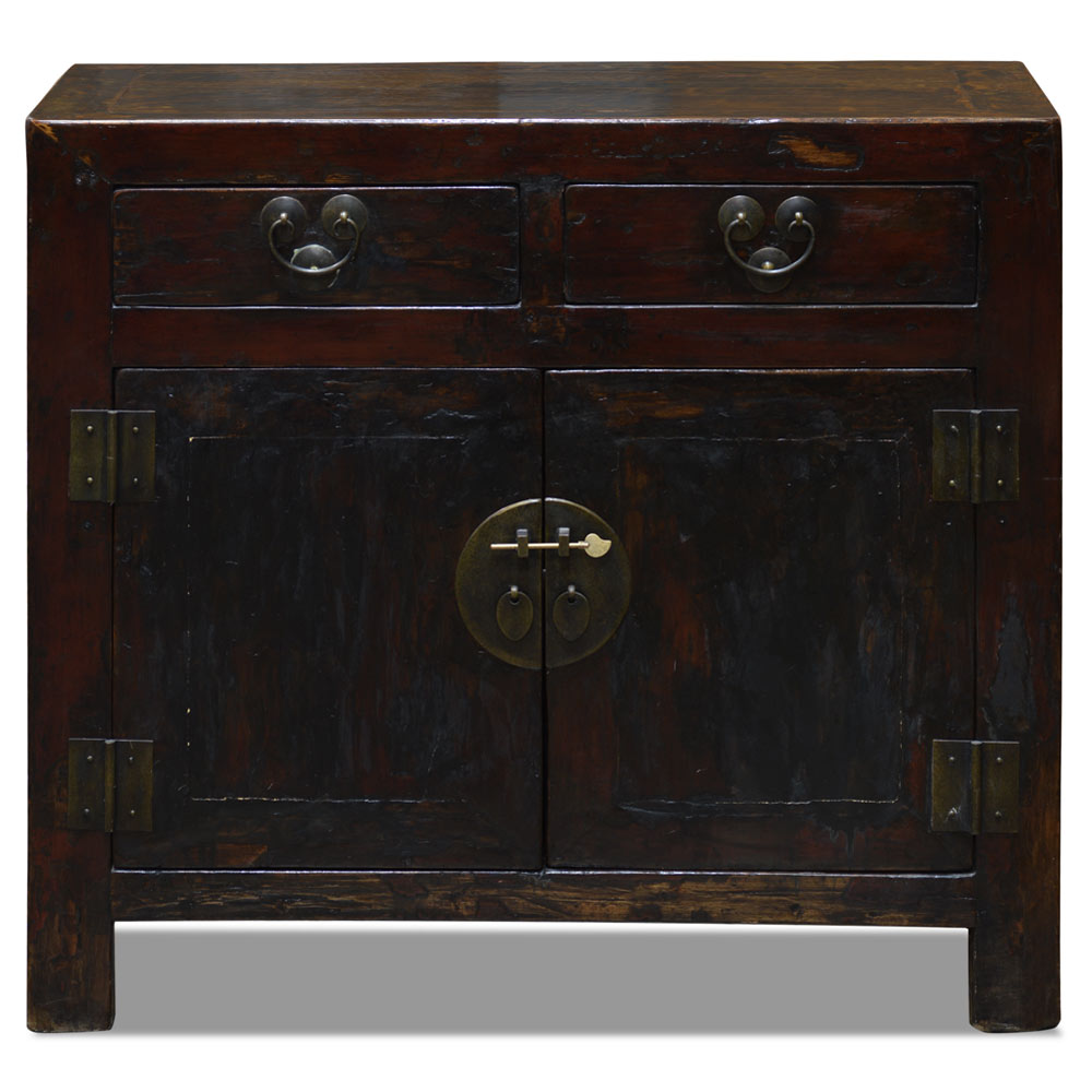 Vintage Elmwood Distressed Dark Red Oriental Cabinet