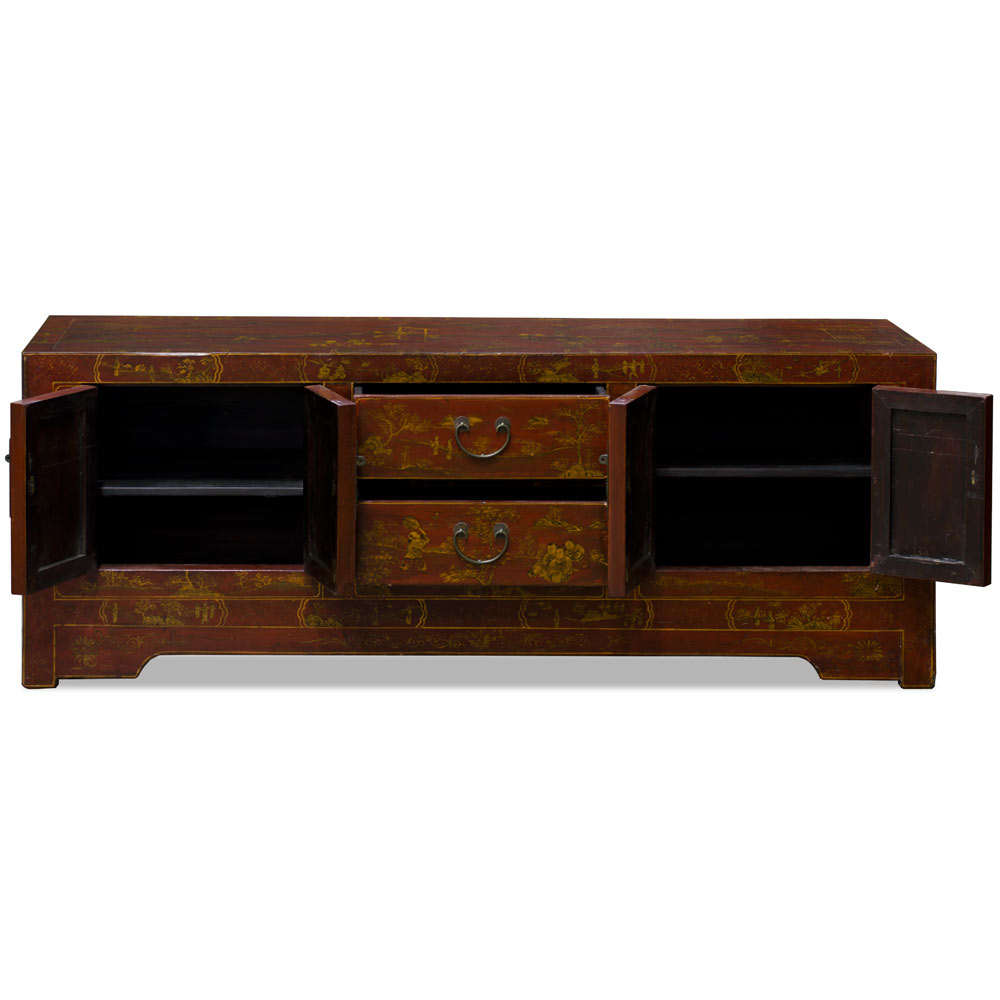 Rustic Red Chinoiserie Vintage Elmwood Chinese Kang Media Cabinet