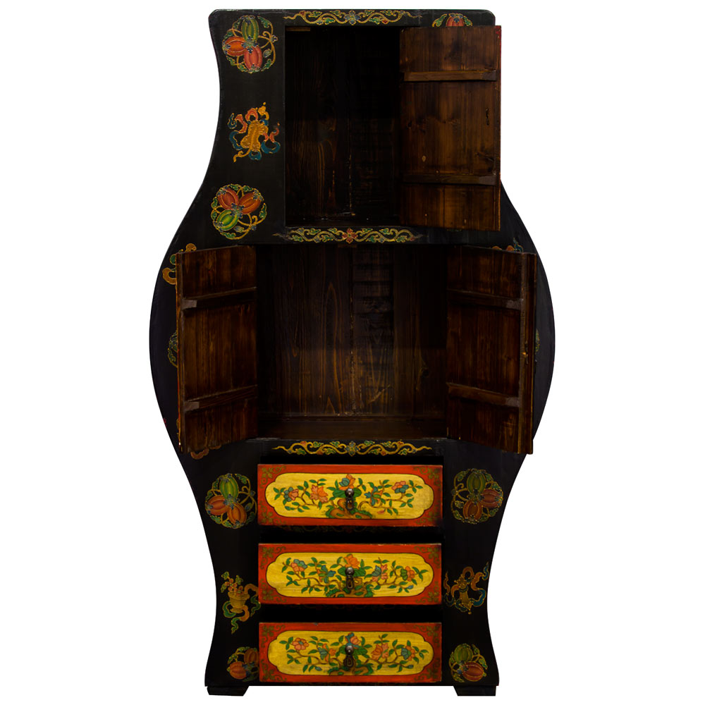 Vintage Hand Painted Elmwood Tibetan Tall Storage Cabinet