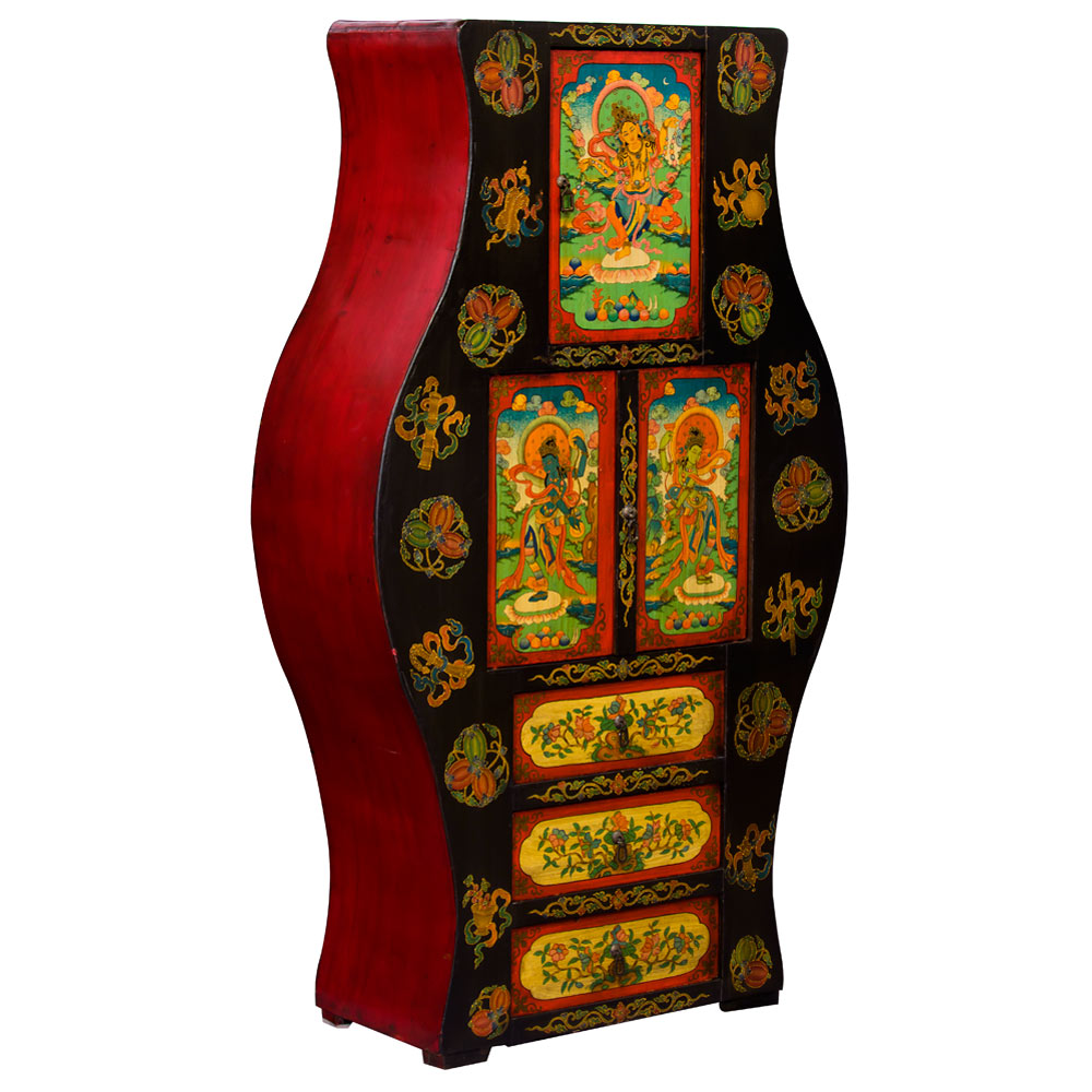 Vintage Hand Painted Elmwood Tibetan Tall Storage Cabinet