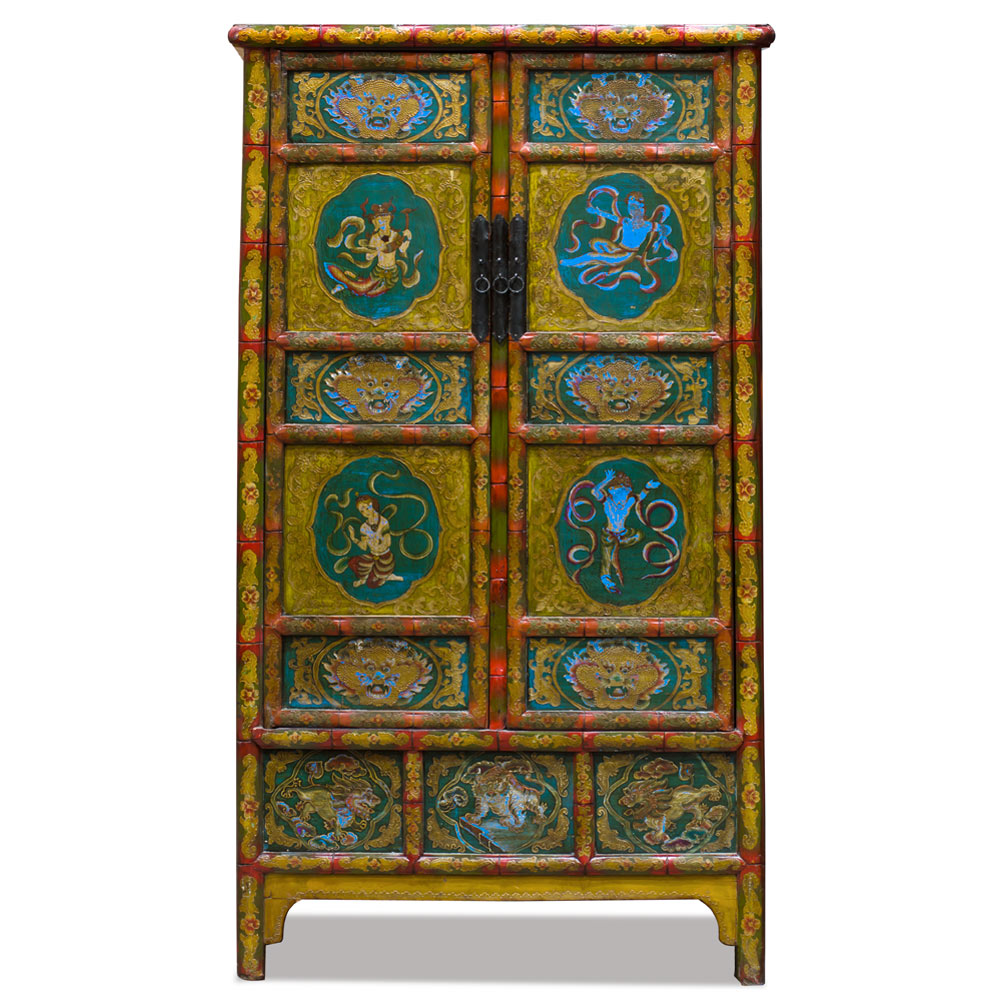 Vintage Hand Painted Elmwood Tibetan Tall Storage Armoire