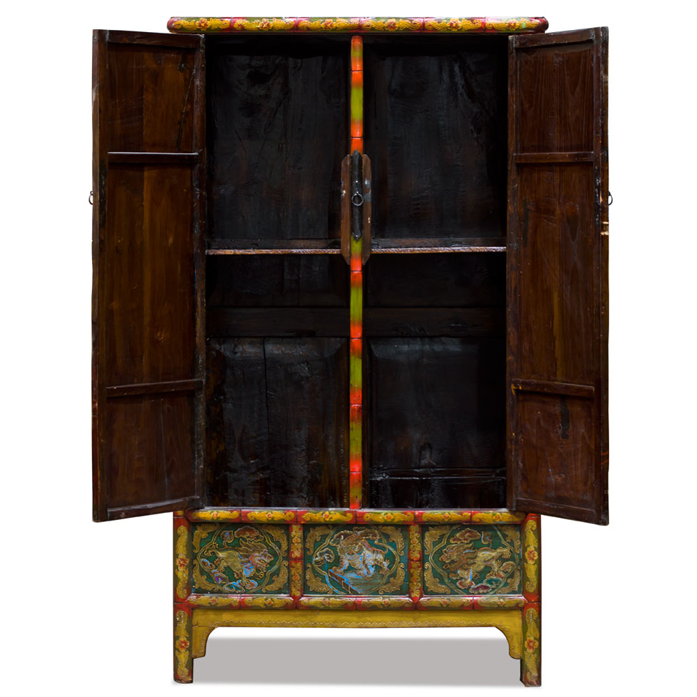 Vintage Hand Painted Elmwood Tibetan Tall Storage Armoire