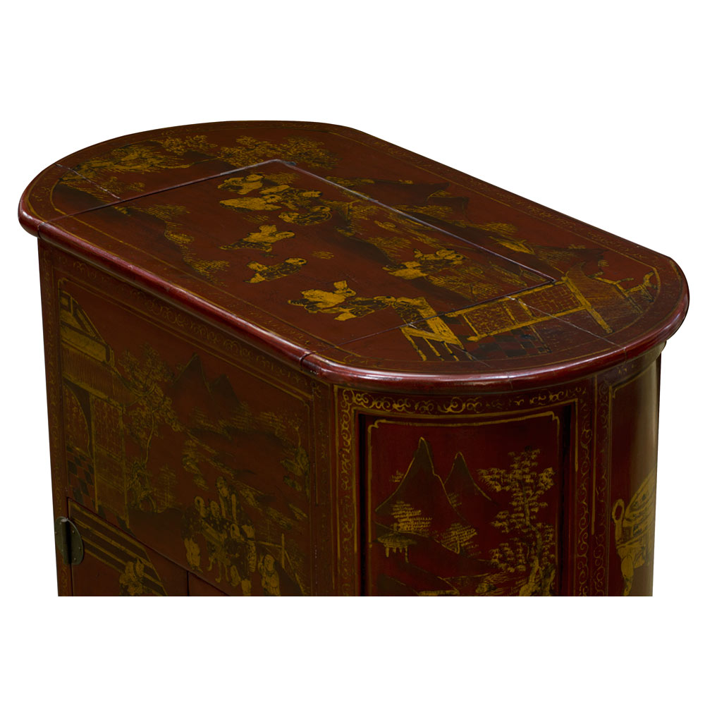 Vintage Dark Red Chinoiserie Elmwood Asian Accent Cabinet