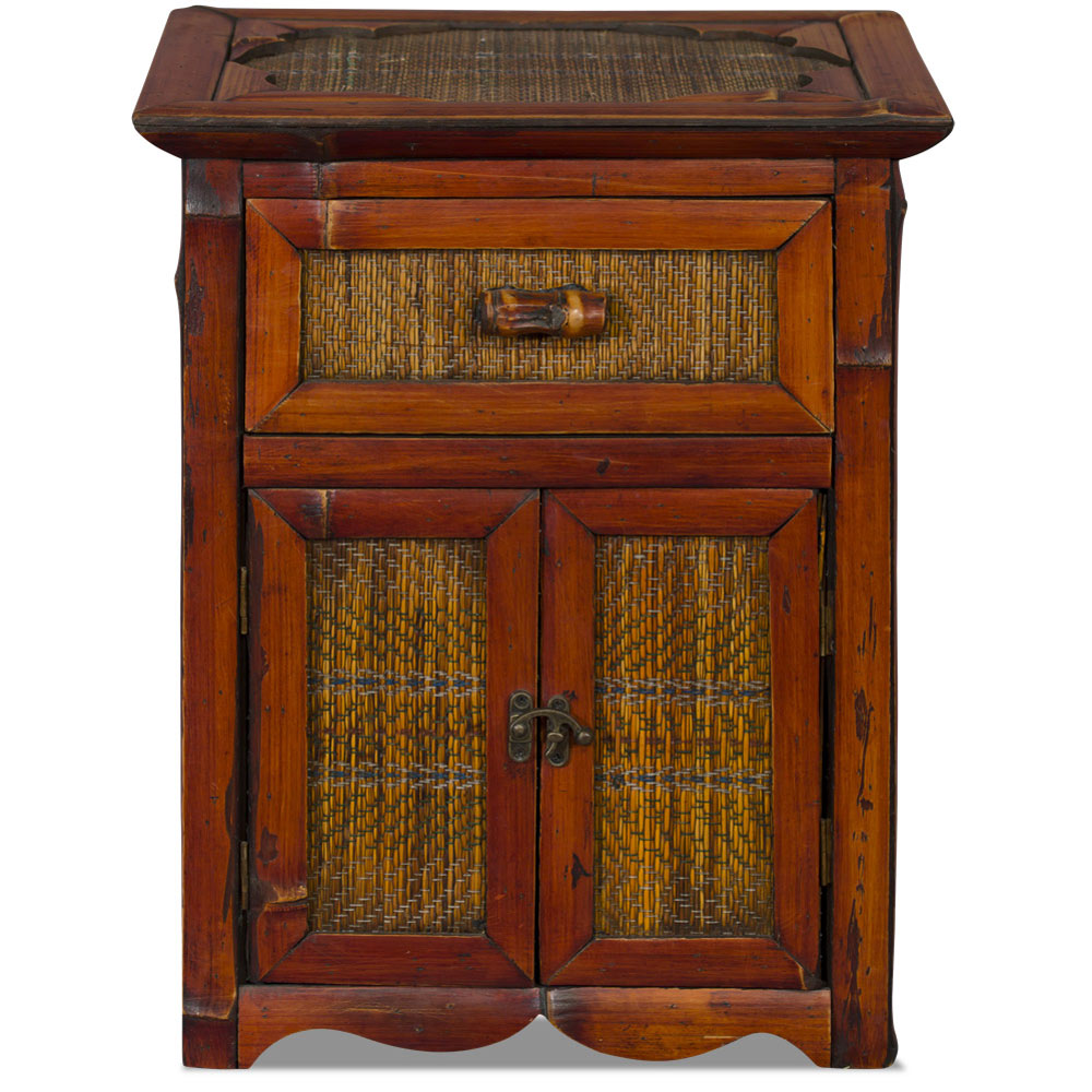 Vintage Bamboo and Rattan Miniature Asian Accent Cabinet