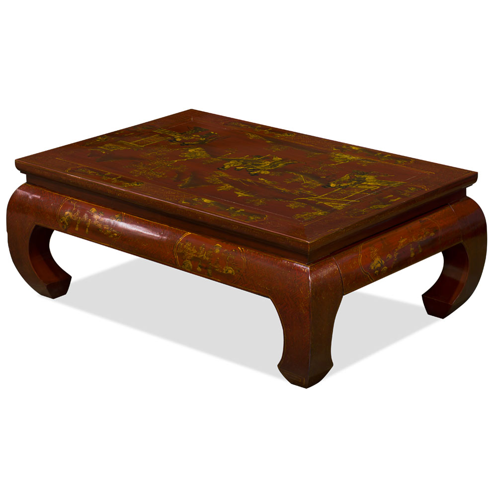 Vintage Red Chinoiserie Elmwood Oriental Coffee Table with Two Drawers