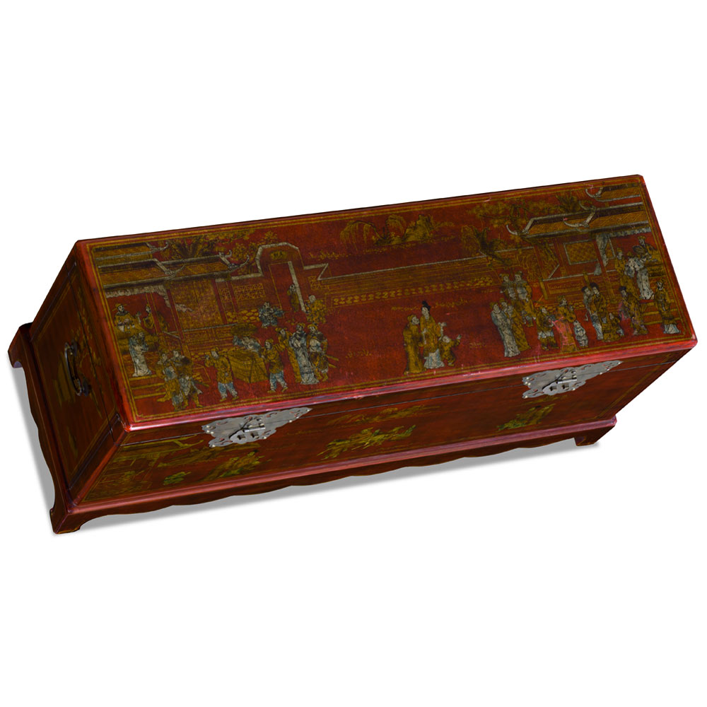 Vintage Red Chinoiserie Elmwood Oriental Storage Trunk