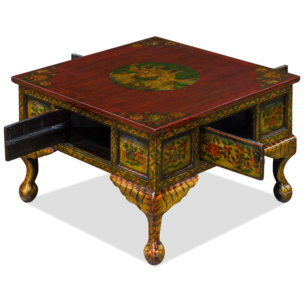 Tibetan Hand Painted Tiger Motif Square Coffee Table