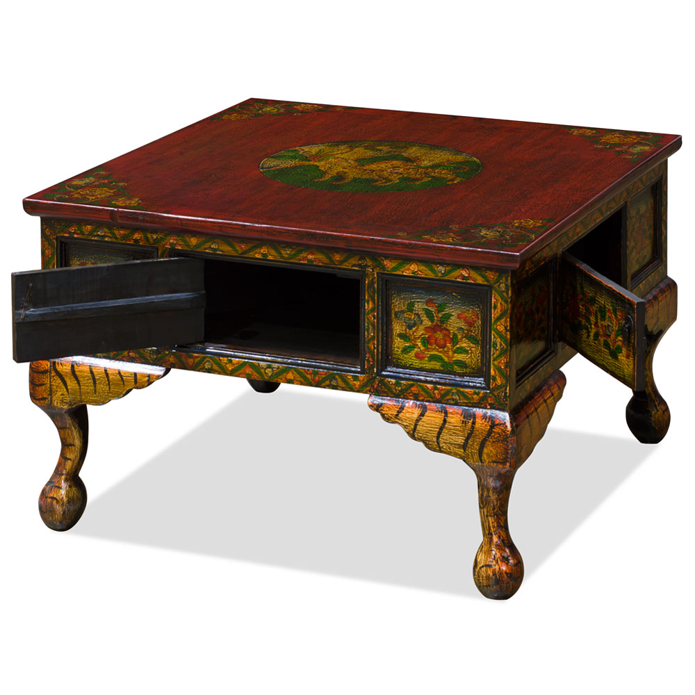 Tibetan Hand Painted Tiger Motif Square Coffee Table